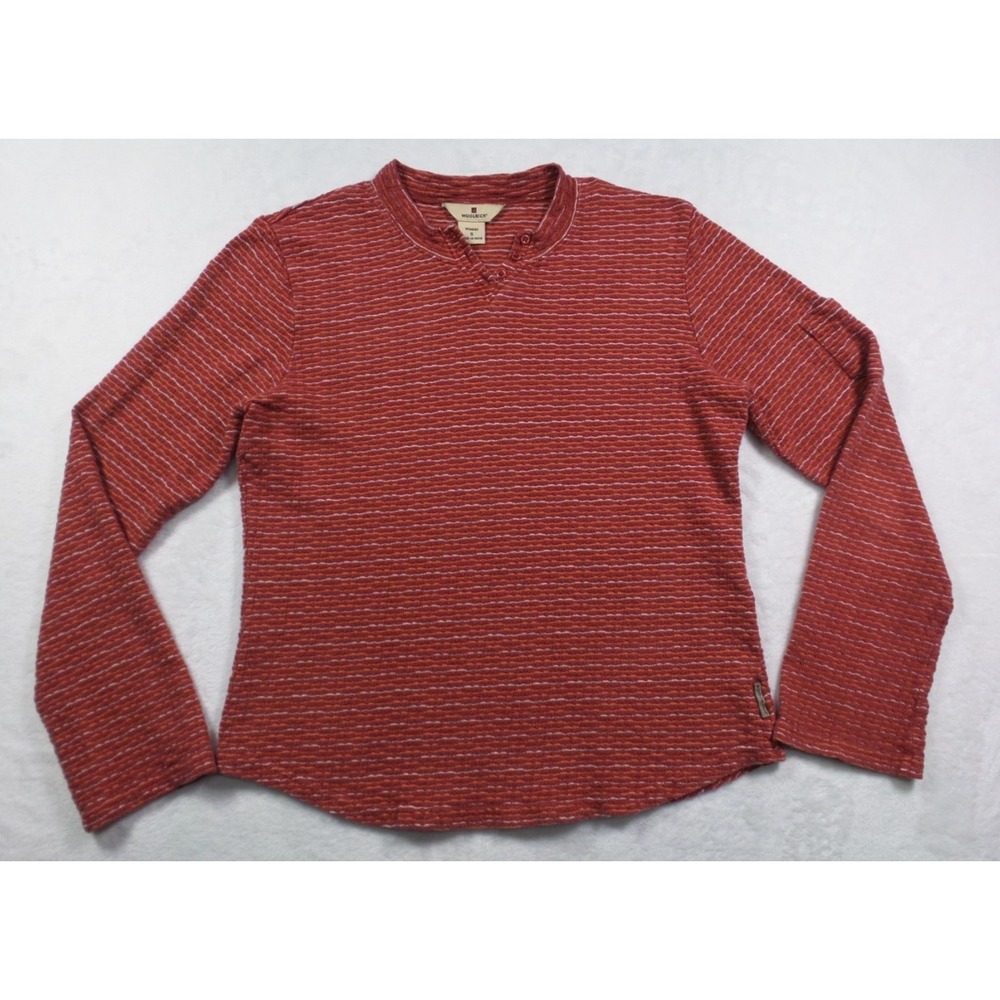 Woolrich Shirt Womens Size Small Red Striped Henley Long Sleeve Pocket Pullover